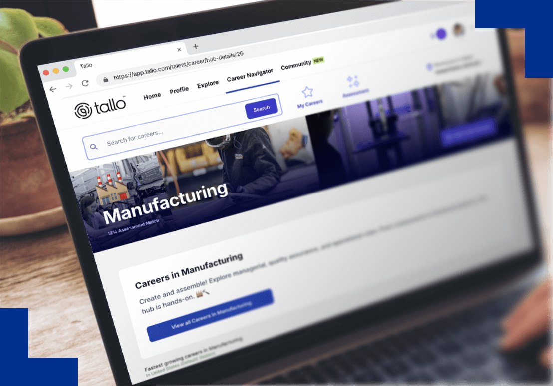 Laptop screen displaying the Tallo career hub for manufacturing. The site features a search bar, navigation tabs, and emphasis on hands-on careers.