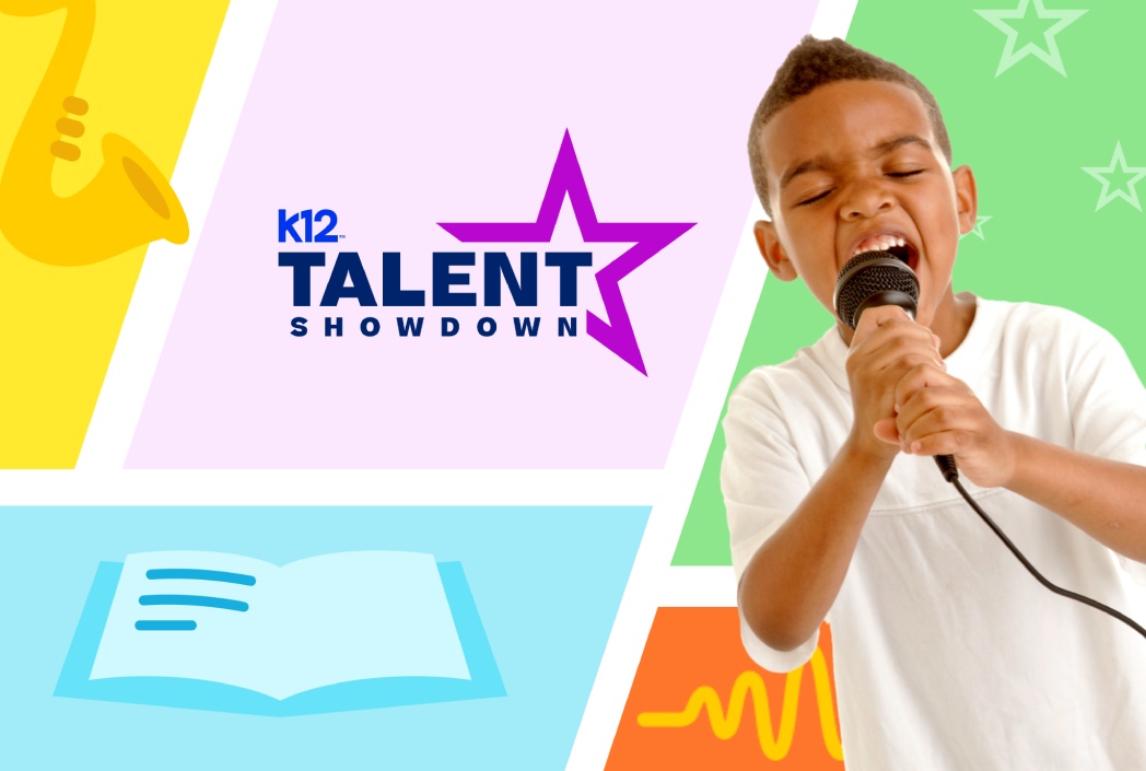 A young boy passionately sings into a microphone, set against a vibrant collage. "K12 Talent Showdown" text with a purple star is on the left. The mood is energetic.