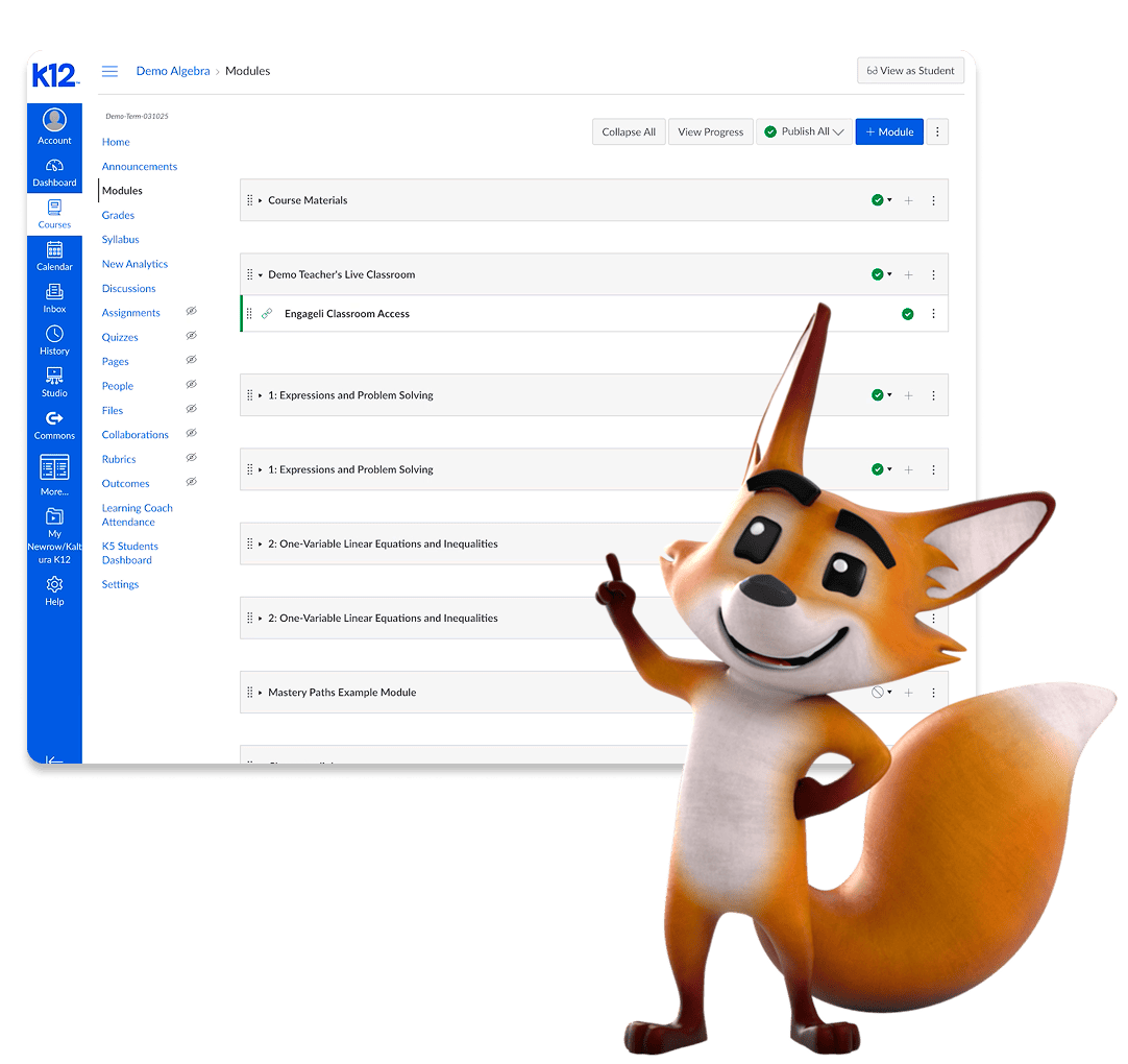 A cheerful cartoon fox points to a computer screen displaying a K12 education platform with course modules. The tone is educational and engaging.