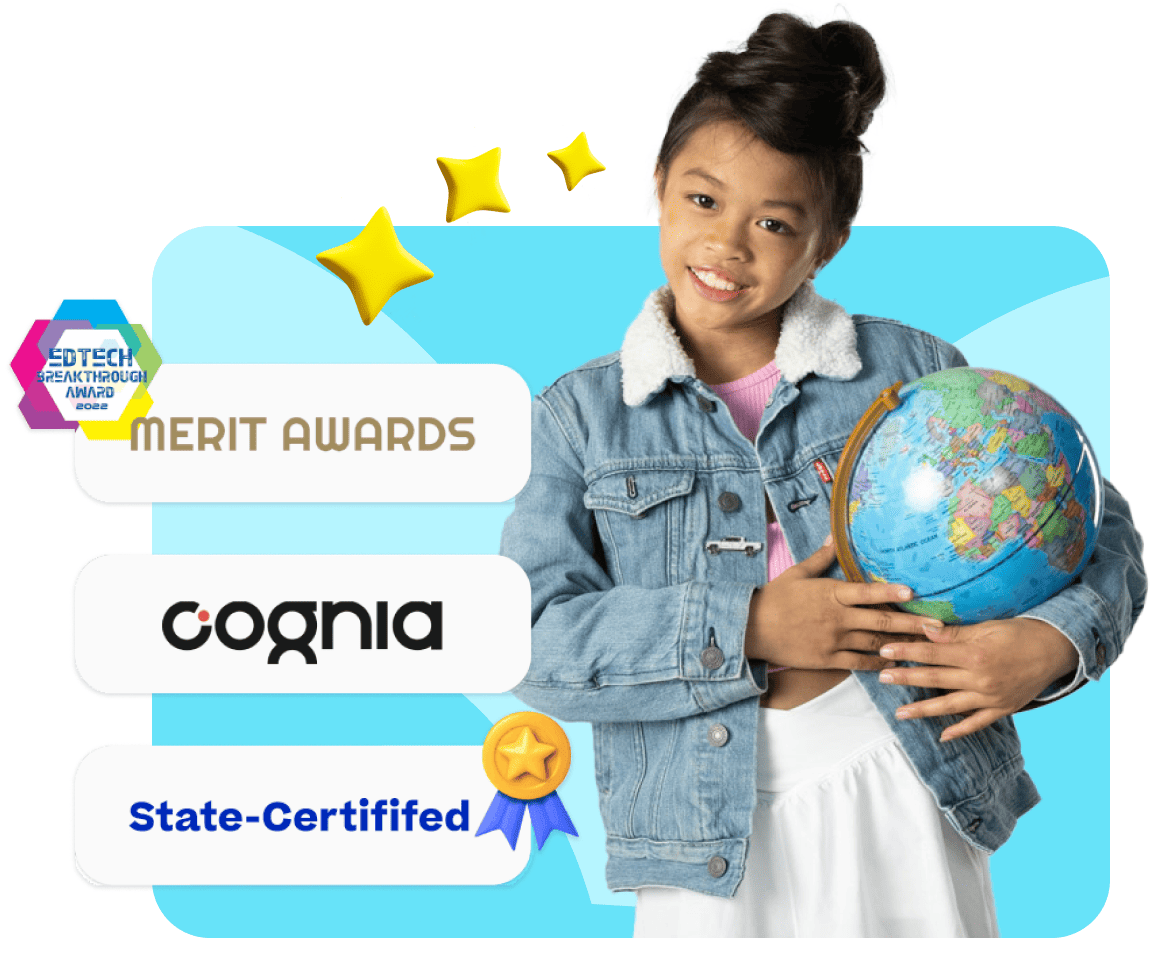 Young girl in a denim jacket holds a globe, smiling at the camera. Text: "Merit Awards," "Cognia," and "State-Certified" with stars and a medal.