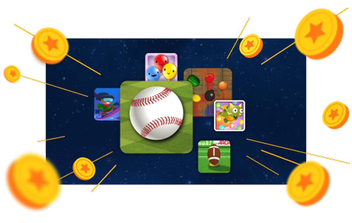 Collage of colorful game icons with a large baseball at the center on a starry background. Animated gold coins with stars are scattered around.